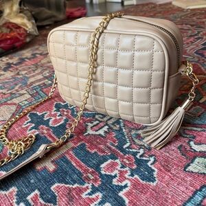 Quilted Beige Vegan Leather Crossbody Bag with Gold Chain